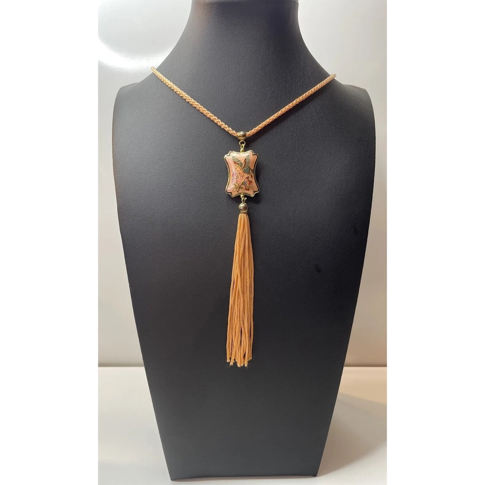 Vintage Enamel Butterfly Floral Cloisonné Pendant Necklace Peach Long Tassel EL2